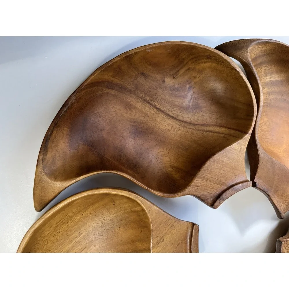 Vintage Mcm Monkeypod Wood Interlocking Leaf Serving Bowl Set Five Tiki Lazy Sus